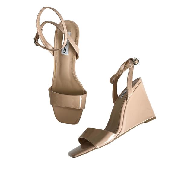 Steve Madden Women’s Reemoly Shapely Wedge Tan Patent Strappy Sandals Size 8.5 - Picture 1 of 6